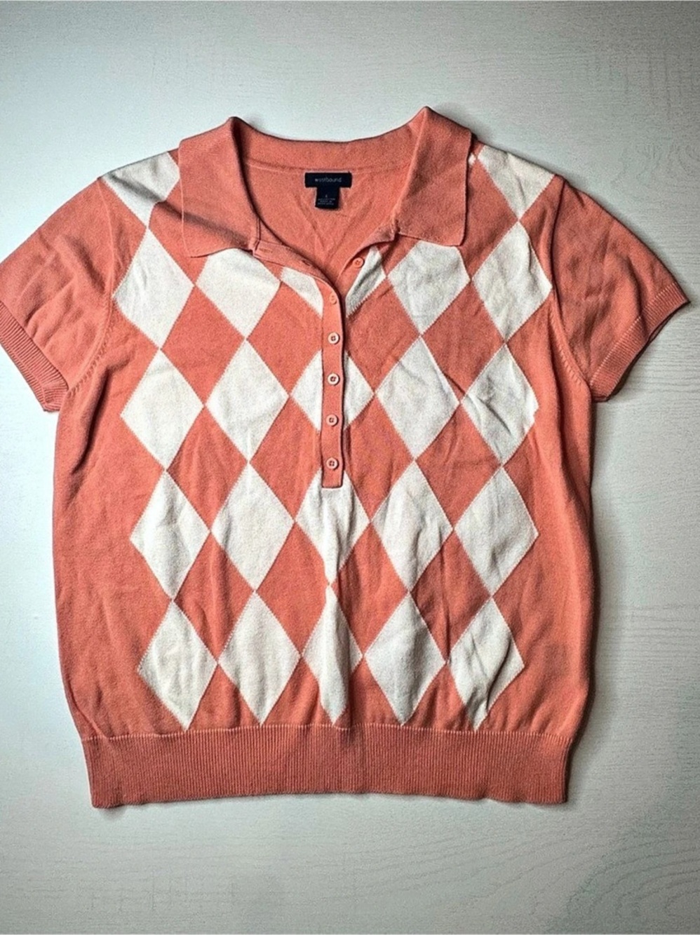 Westbound Vintage Coral Argyle Short Sleeve Polo Sweater Size L